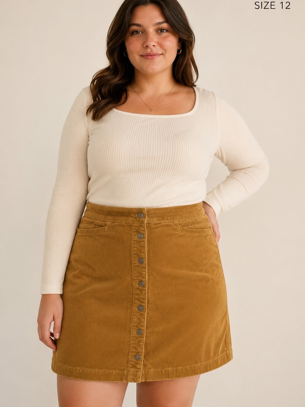 Lands’ End Camel Corduroy Button Front Mini Skirt Size 12P Petite
